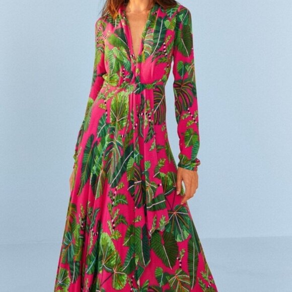 FARM Rio Dresses & Skirts - 🌺 Farm Rio Leaves Pink Maxi Dress – Size XL – Deep V-Neck – 100% Viscose 🌺